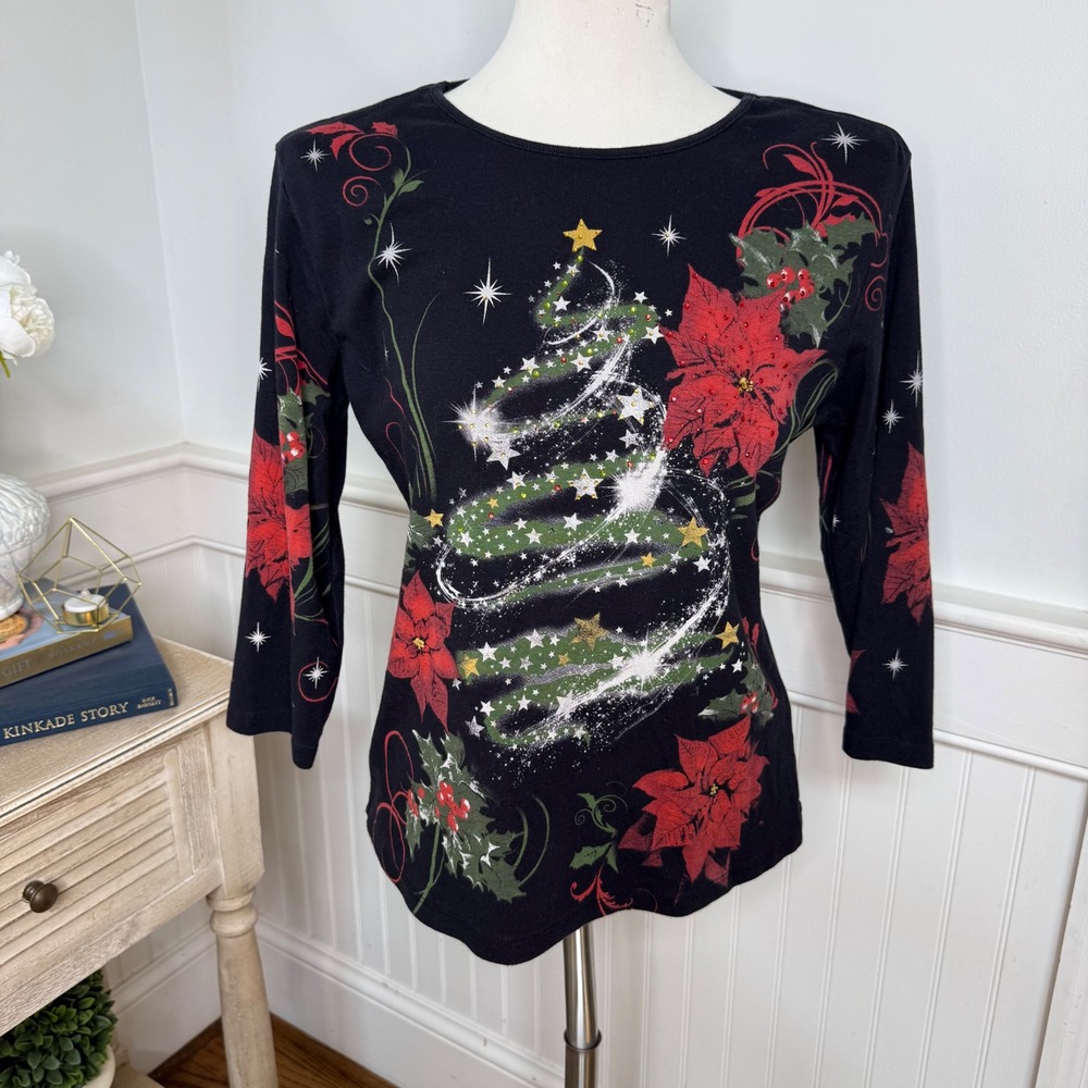 Jess & Jane Christmas Magic Black Graphic Top Poinsettia Tree Rhinestone Medium
